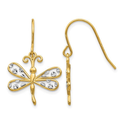 14k and White Rhodium Diamond-cut Dragonfly Dangle French Hook Earrings