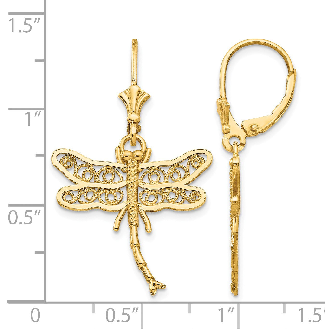 14k Dragonfly with Filigree Wings Dangle Leverback Earrings