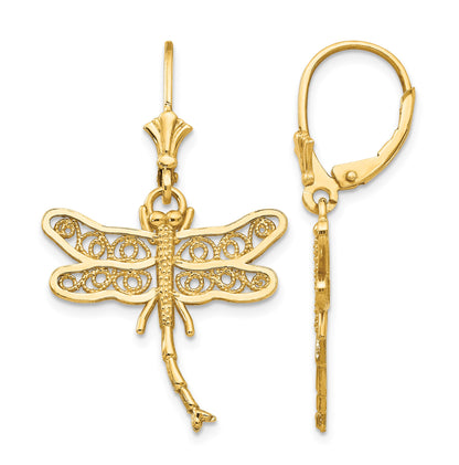 14k Dragonfly with Filigree Wings Dangle Leverback Earrings
