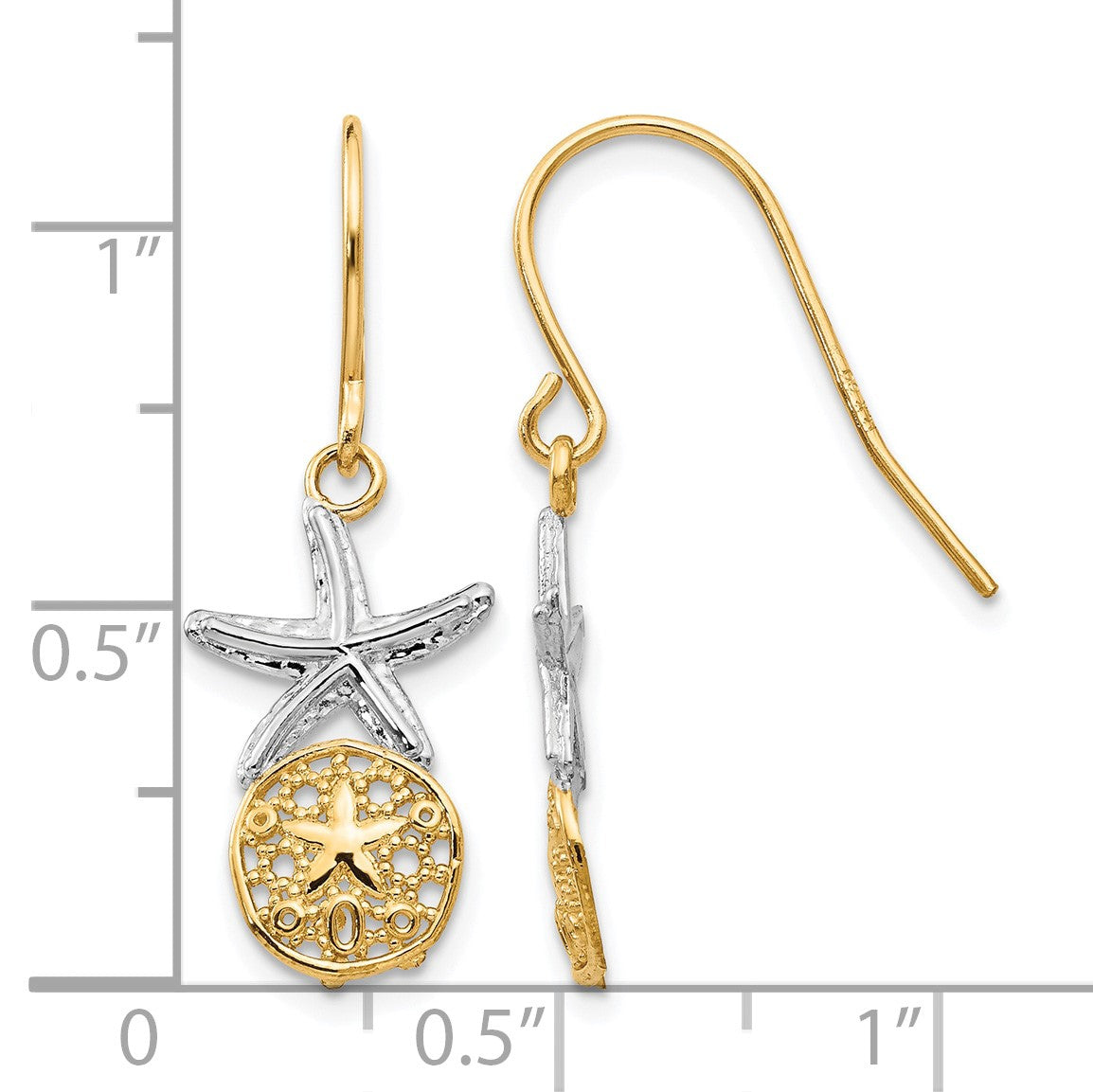 14k & Rhodium Starfish w/Sand Dollar Shepherd Hook Earrings