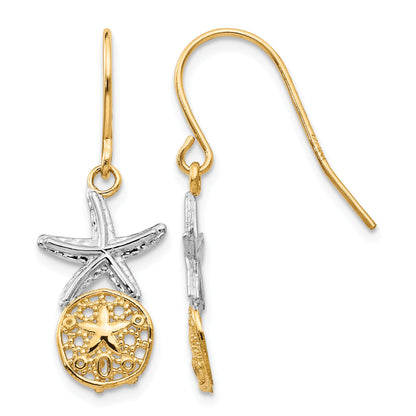 14k & Rhodium Starfish w/Sand Dollar Shepherd Hook Earrings