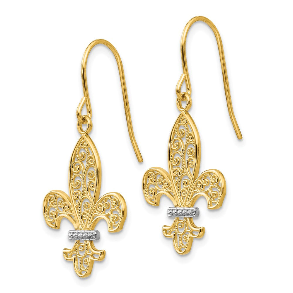 14k & Rhodium Fleur de lis Shepherd Hook Earrings