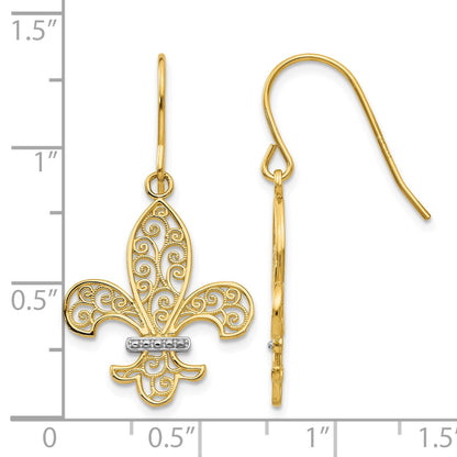 14k and White Rhodium Filigree Fleur de lis Dangle French Hook Earrings