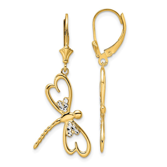 14k & White Rhodium D/C Dragonfly Leverback Earrings