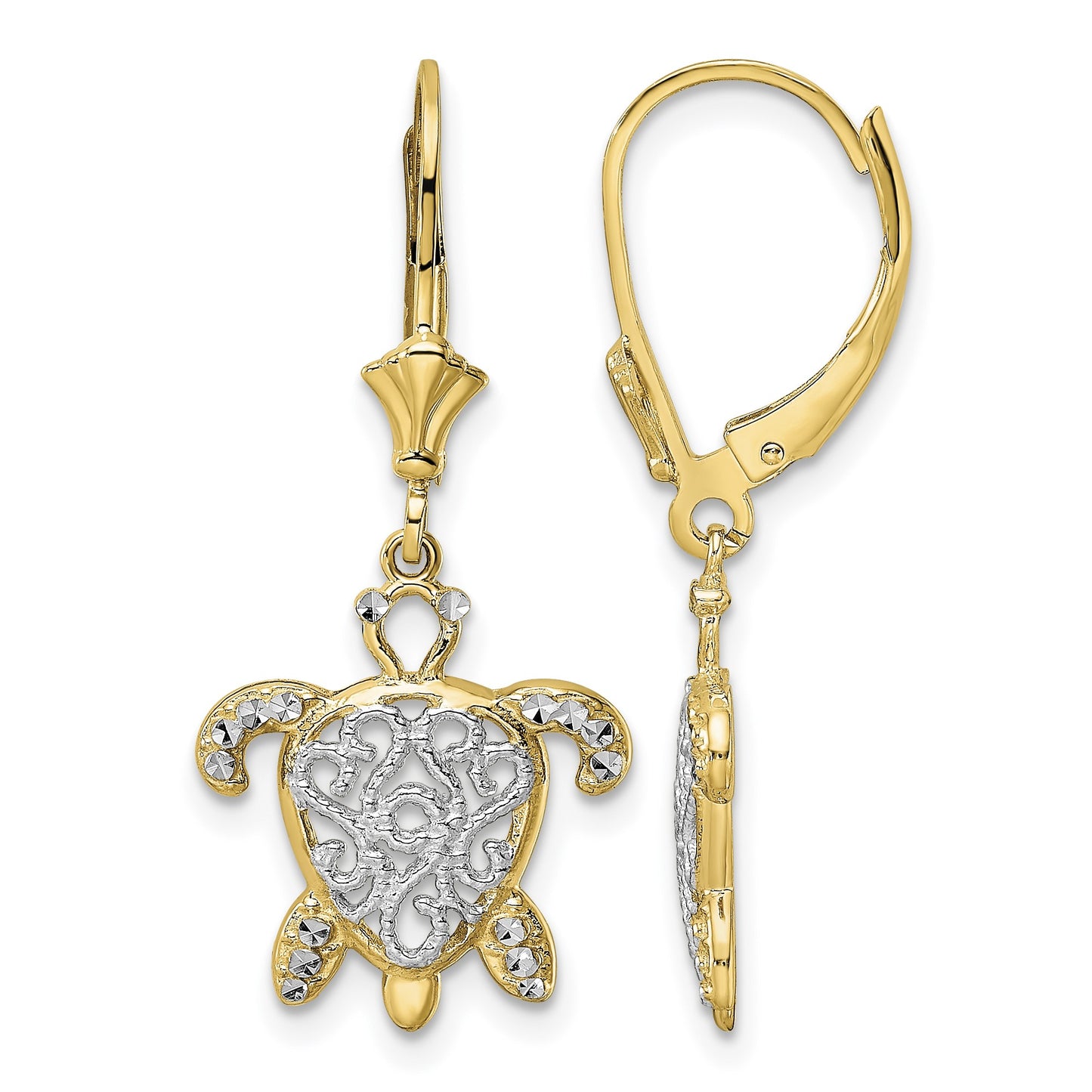 14k and White Rhodium Diamond-cut Filigree Turtle Leverback Earrings