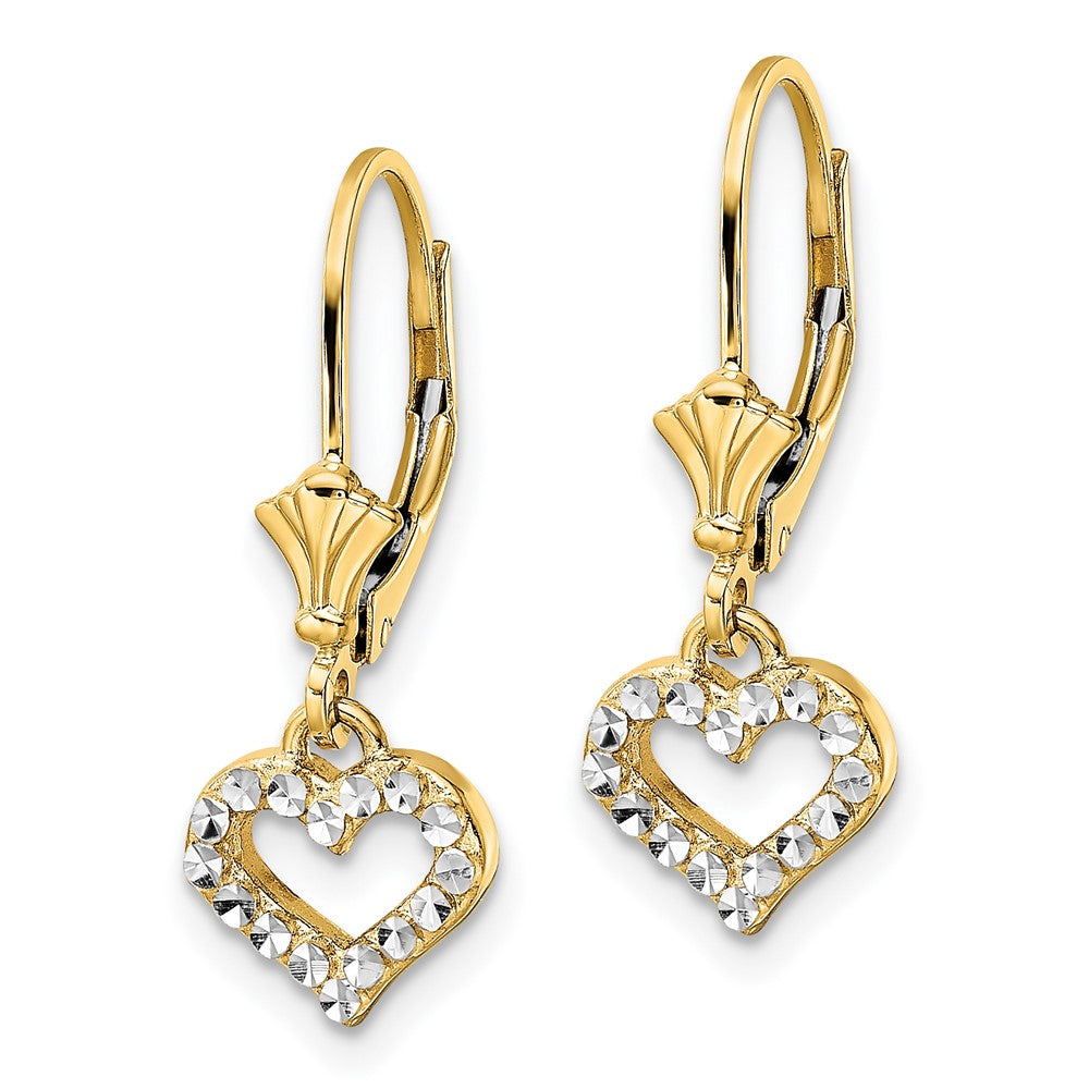 14k & White Rhodium D/C Heart Leverback Earrings