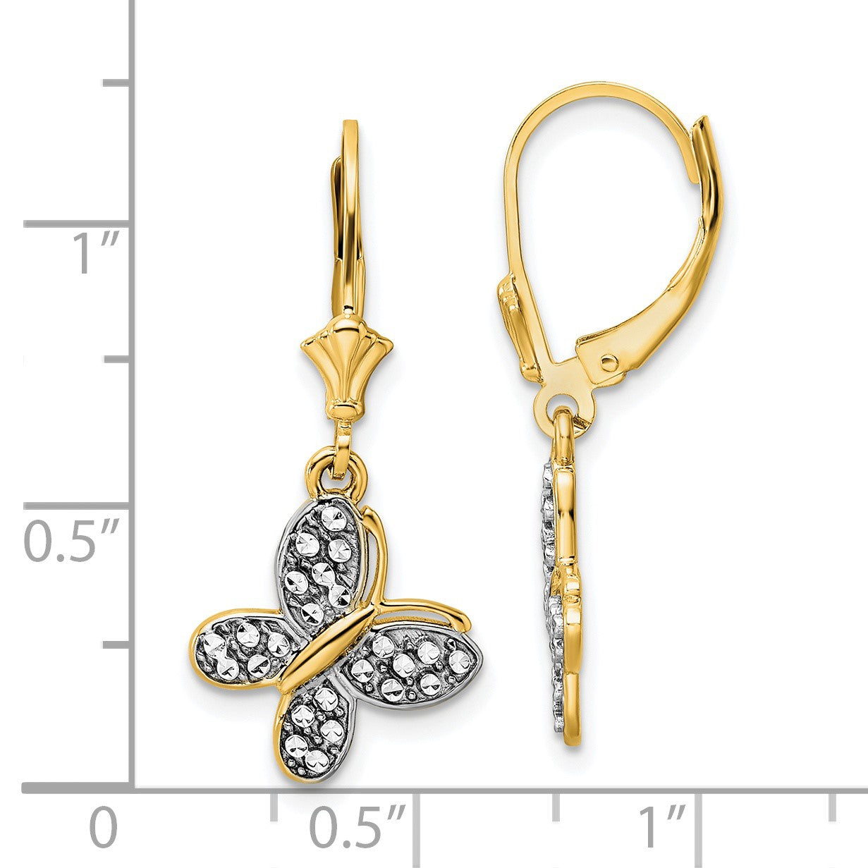 14k and White Rhodium Diamond-cut Fancy Butterfly Dangle Leverback Earrings