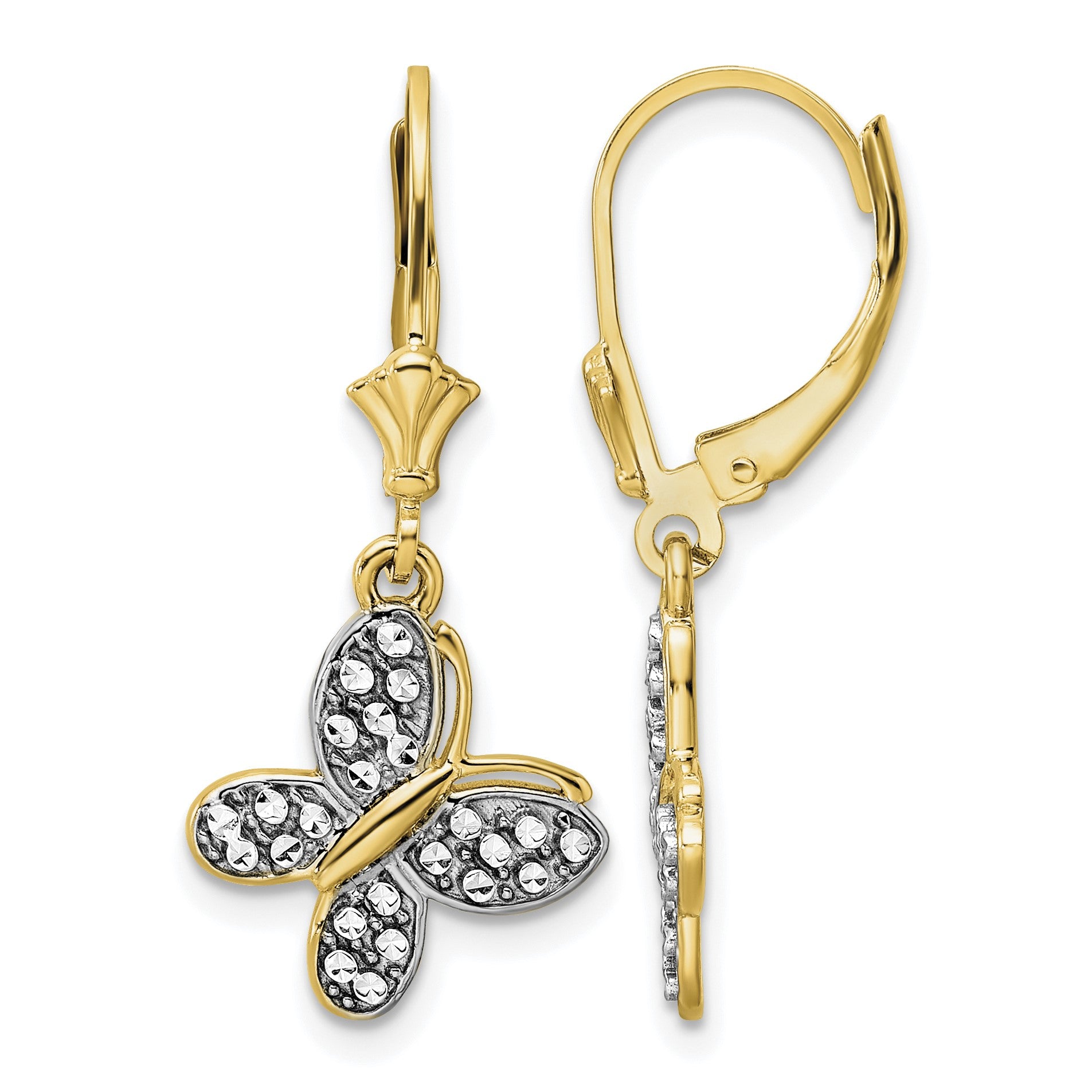 14k and White Rhodium Diamond-cut Fancy Butterfly Dangle Leverback Earrings