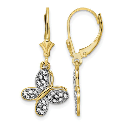 14k and White Rhodium Diamond-cut Fancy Butterfly Dangle Leverback Earrings