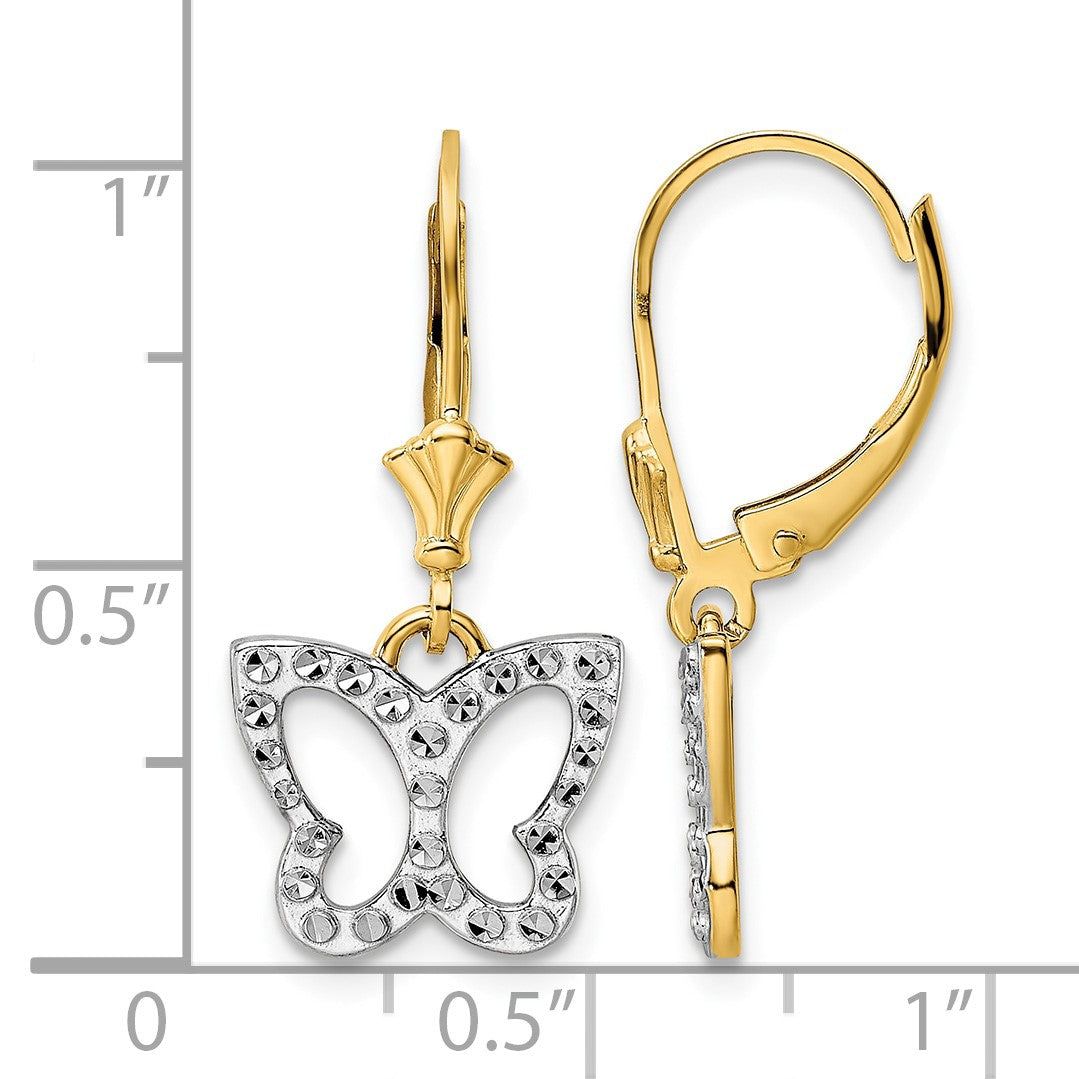 14k and White Rhodium Diamond-cut Butterfly Dangle Leverback Earrings