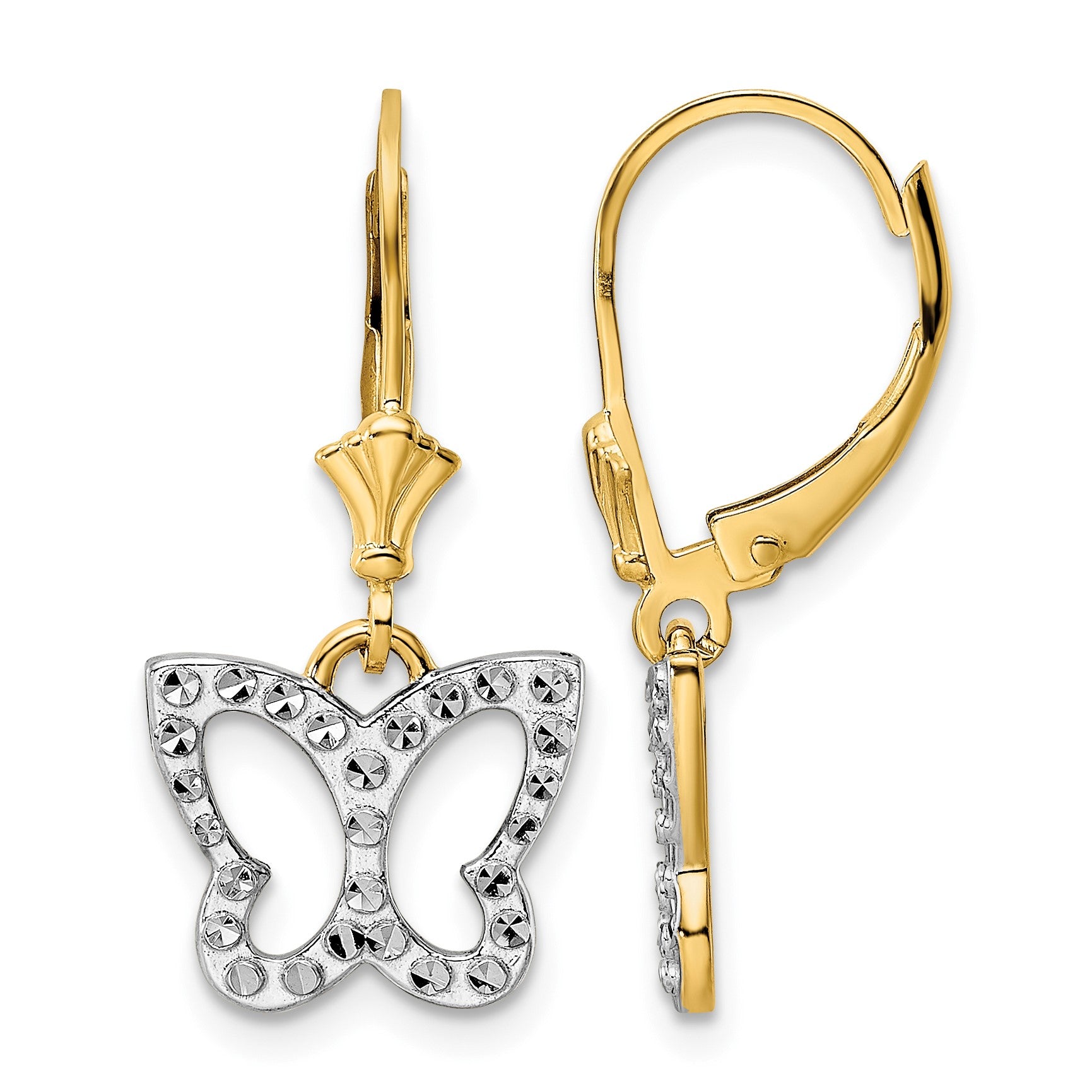 14k and White Rhodium Diamond-cut Butterfly Dangle Leverback Earrings