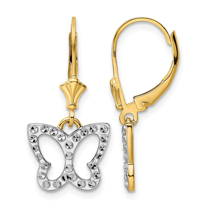 14k and White Rhodium Diamond-cut Butterfly Dangle Leverback Earrings