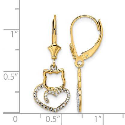 14k & White Rhodium D/C Cat Heart Leverback Earrings