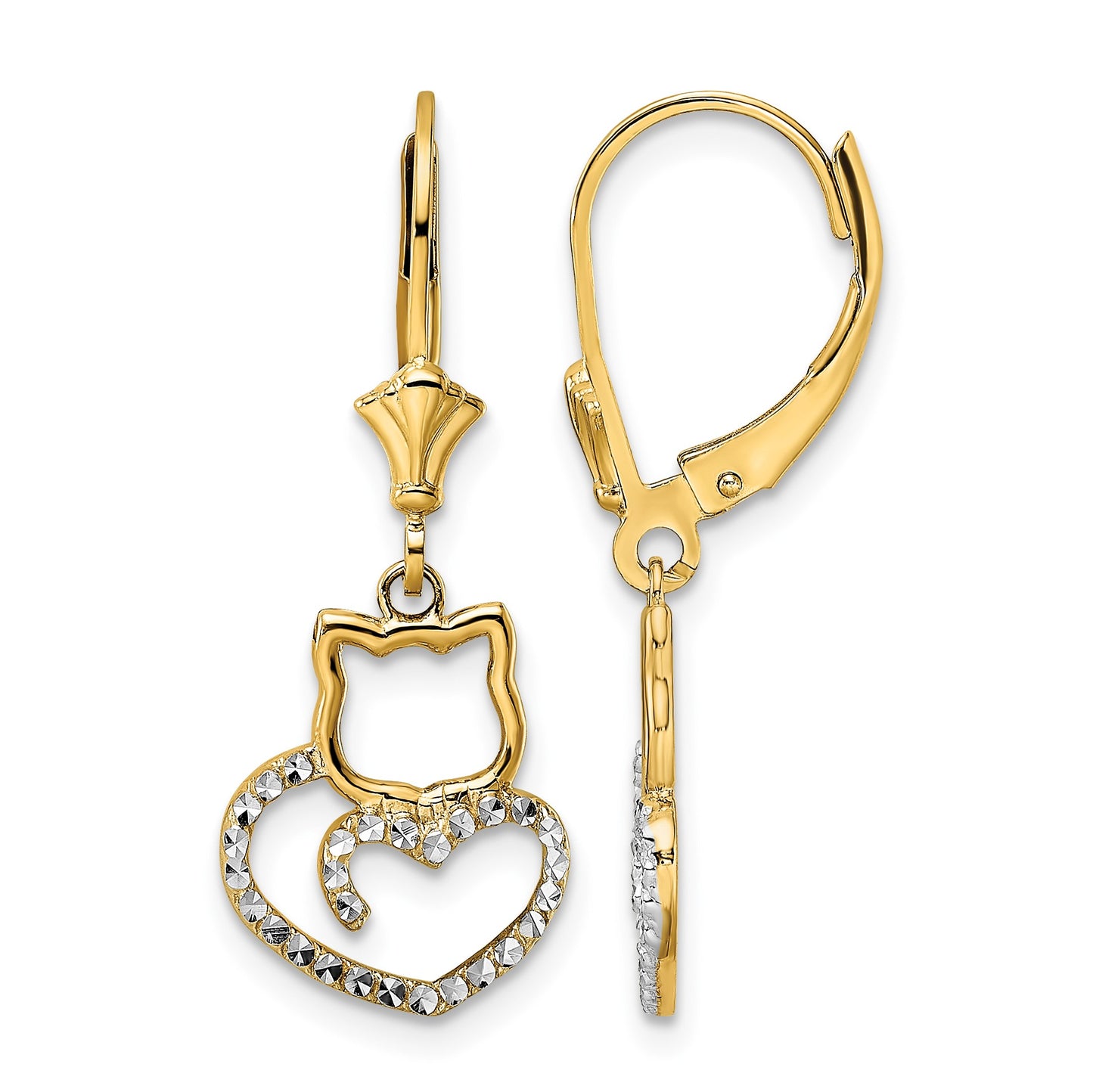 14k & White Rhodium D/C Cat Heart Leverback Earrings