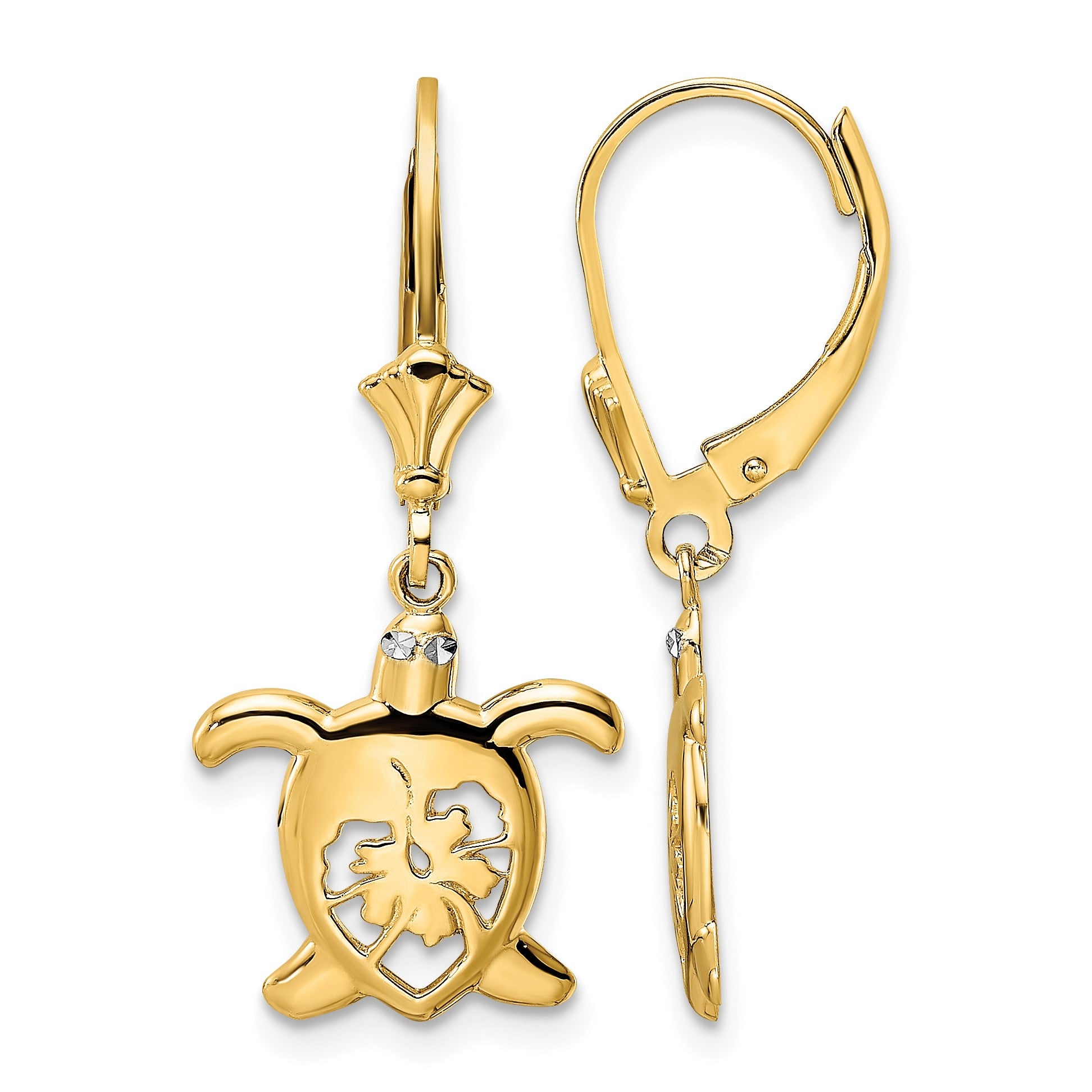 14k and White Rhodium Diamond-cut Floral Turtle Leverback Earrings