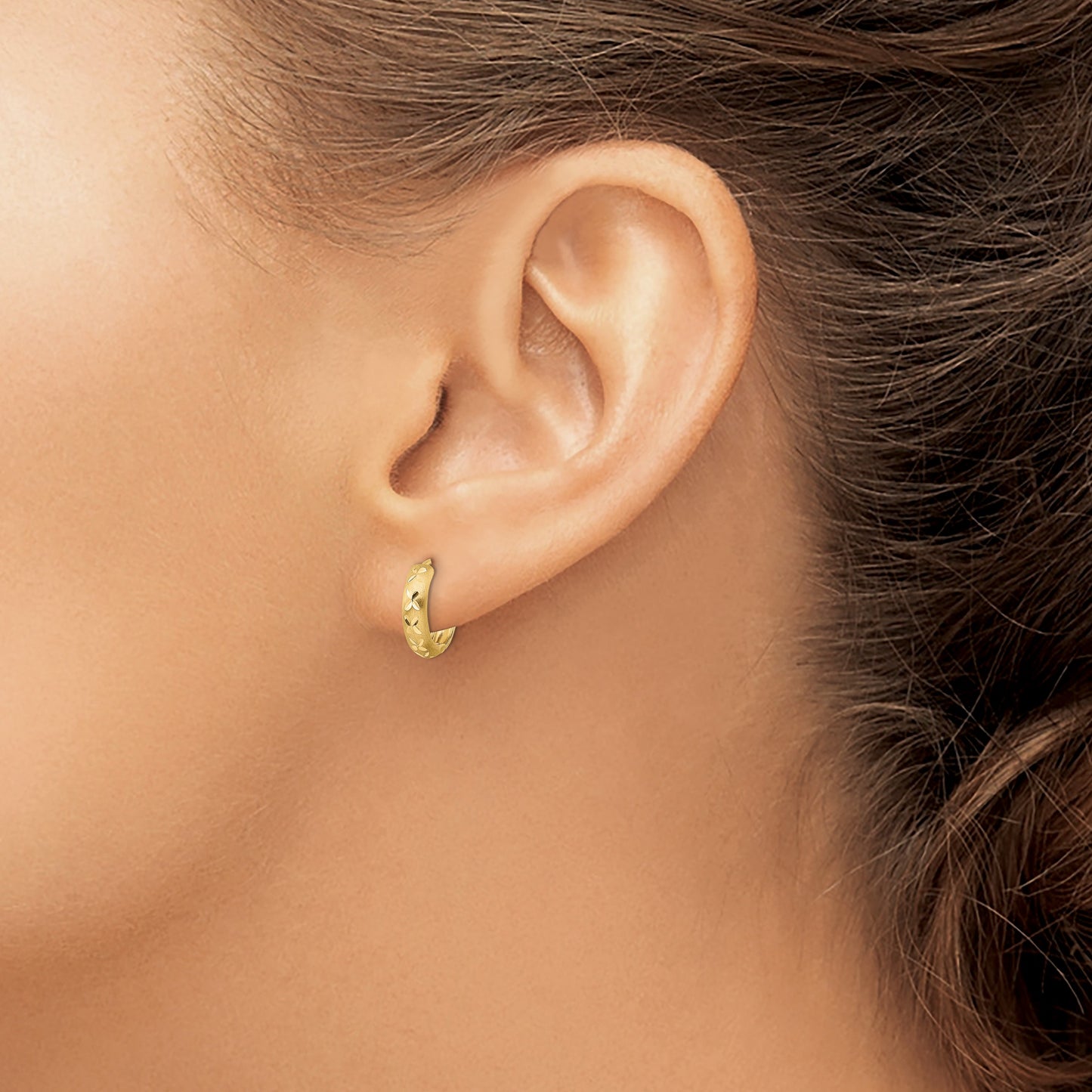 14k Diamond-cut X Satin 3x13mm Hinged Hoop Earrings