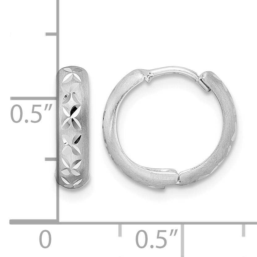 14k White Gold Diamond-cut X Satin 3x13mm Hinged Hoop Earrings