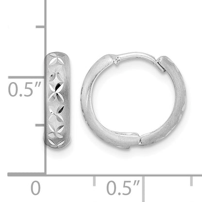 14k White Gold Diamond-cut X Satin 3x13mm Hinged Hoop Earrings