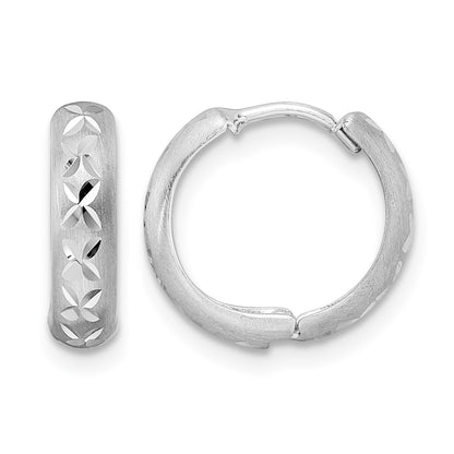 14k White Gold Diamond-cut X Satin 3x13mm Hinged Hoop Earrings
