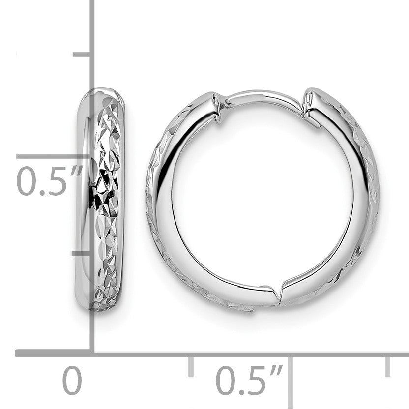 14k White Gold Polished Textured 3x15mm Hinged Hoop Earrings