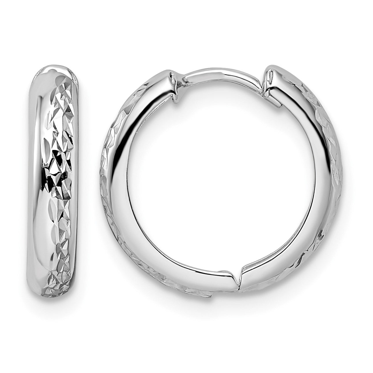 14k White Gold Polished Textured 3x15mm Hinged Hoop Earrings