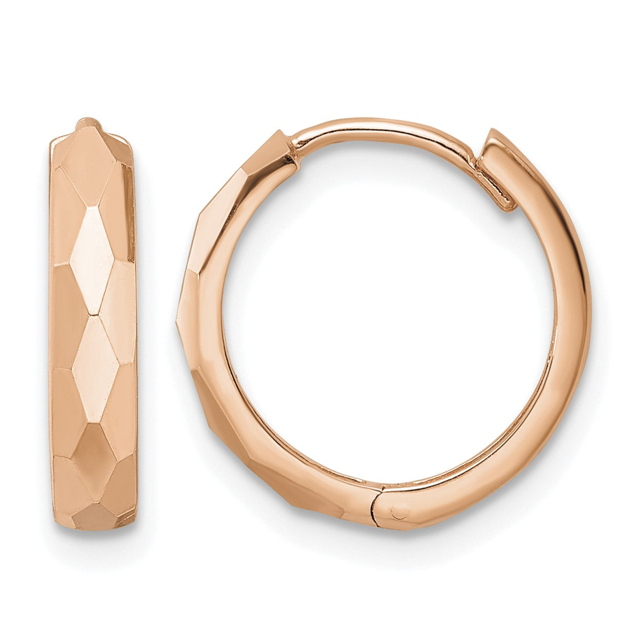 14k Rose Gold Polished Faceted 3x15mm Hinged Hoop Earrings