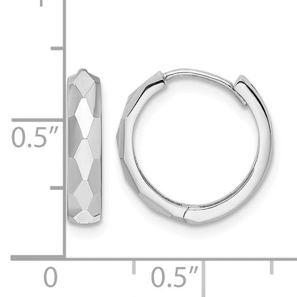 14k White Gold Polished Faceted 3x15mm Hinged Hoop Earrings