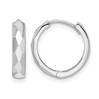 14k White Gold Polished Faceted 3x15mm Hinged Hoop Earrings
