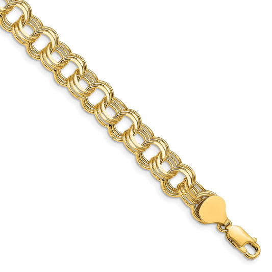 14k 9mm Solid Triple Link 8 inch Charm Bracelet