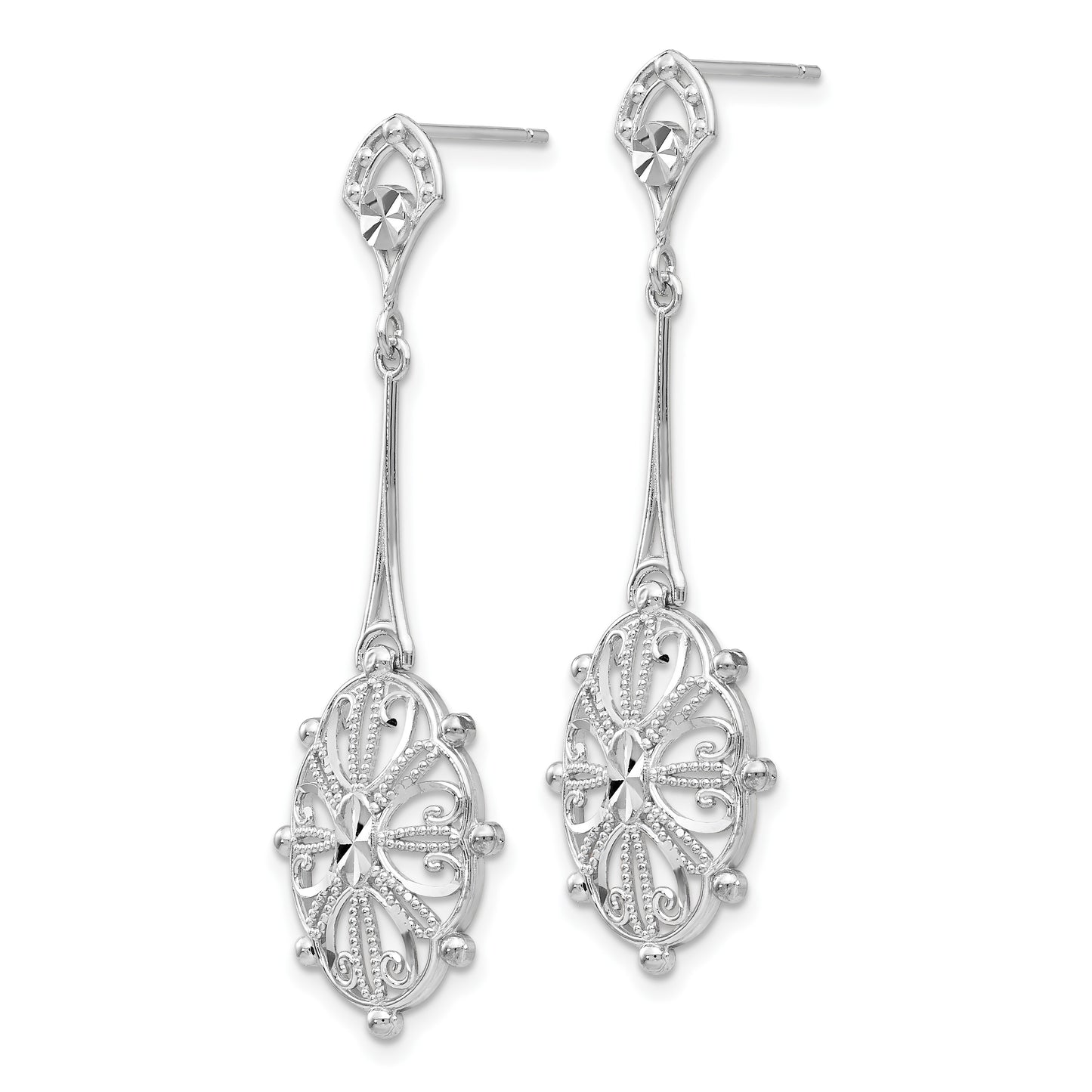 14k White Gold Diamond-cut Filigree Medallion Dangle Post Earrings