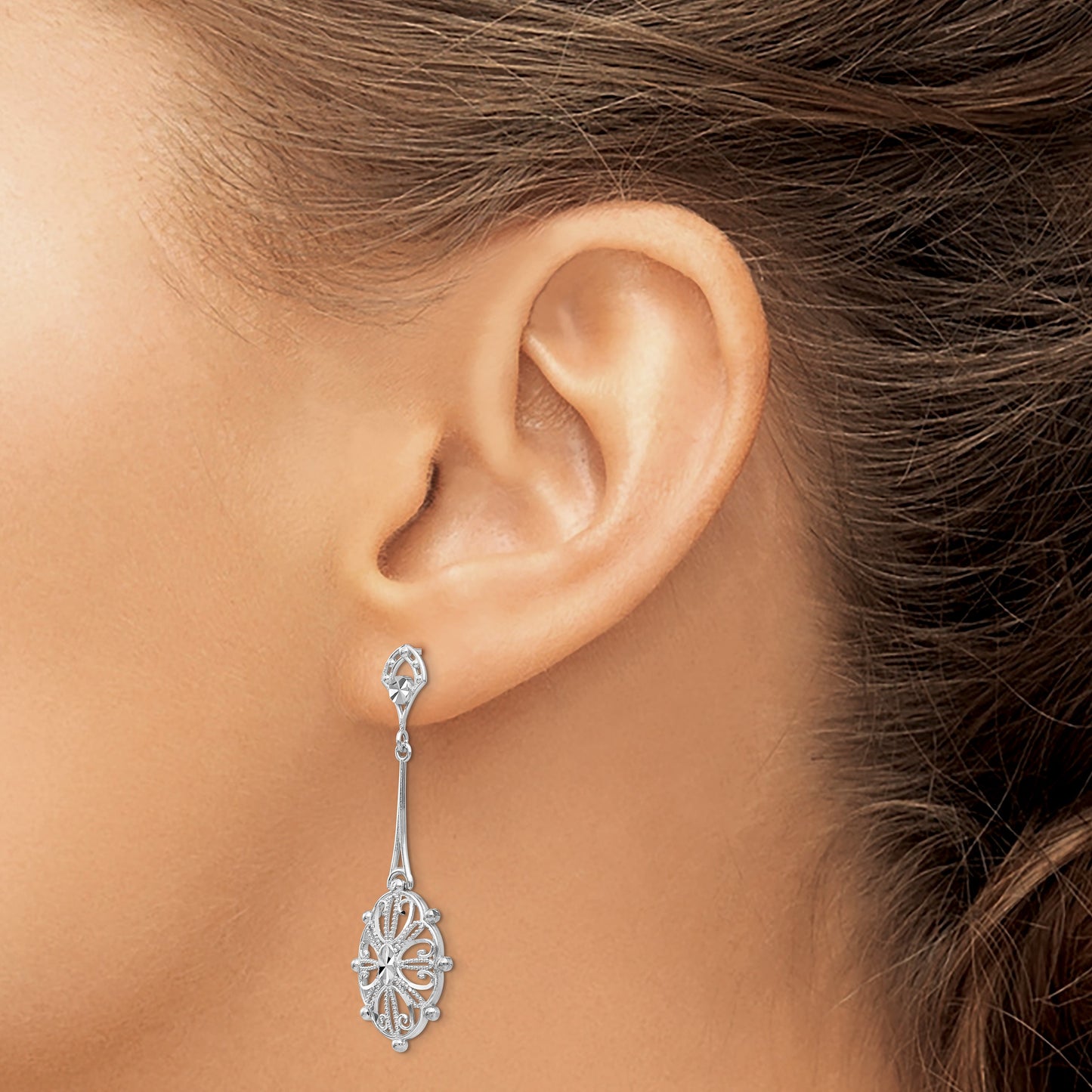 14k White Gold Diamond-cut Filigree Medallion Dangle Post Earrings