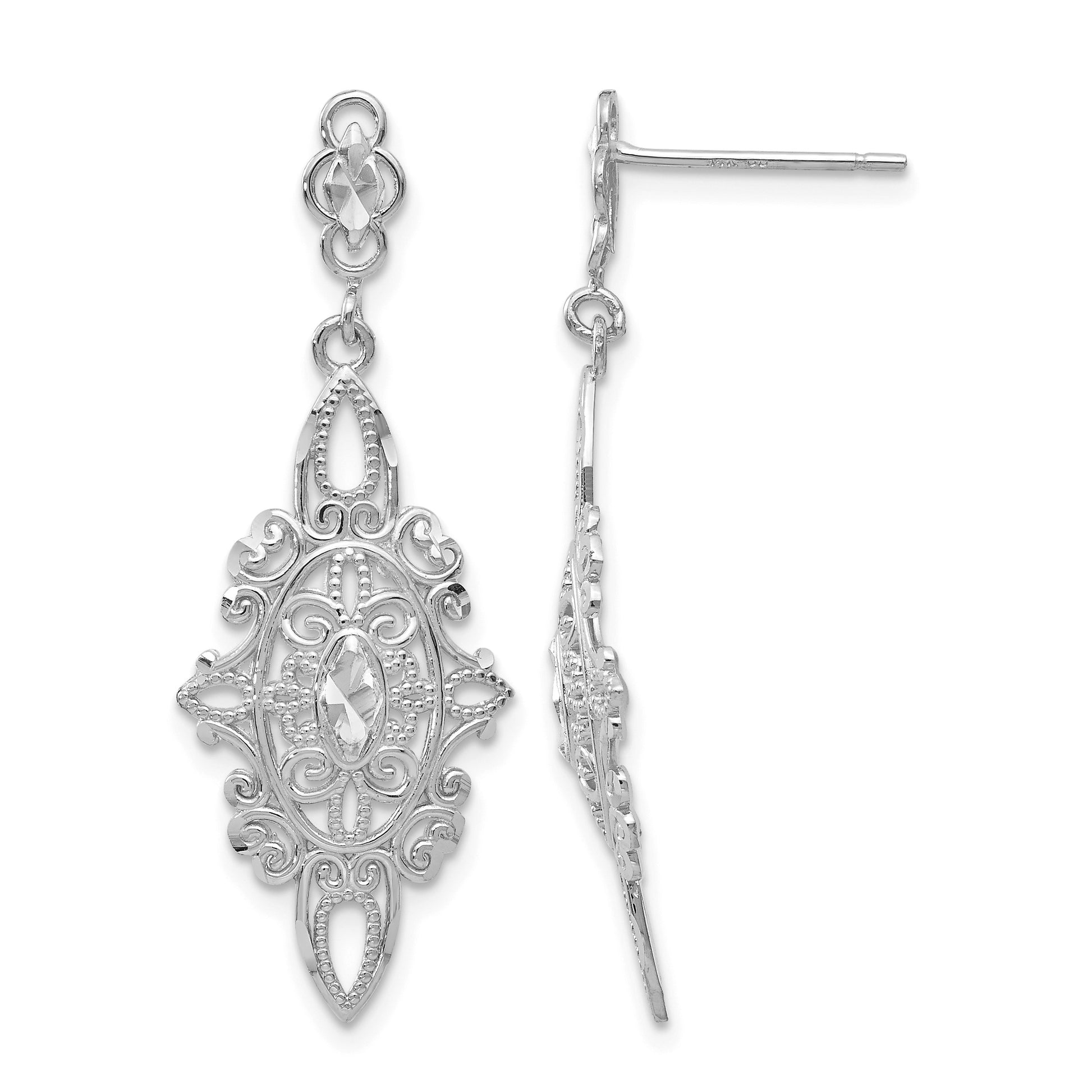 14k White Gold Diamond-cut Filigree Dangle Post Earrings