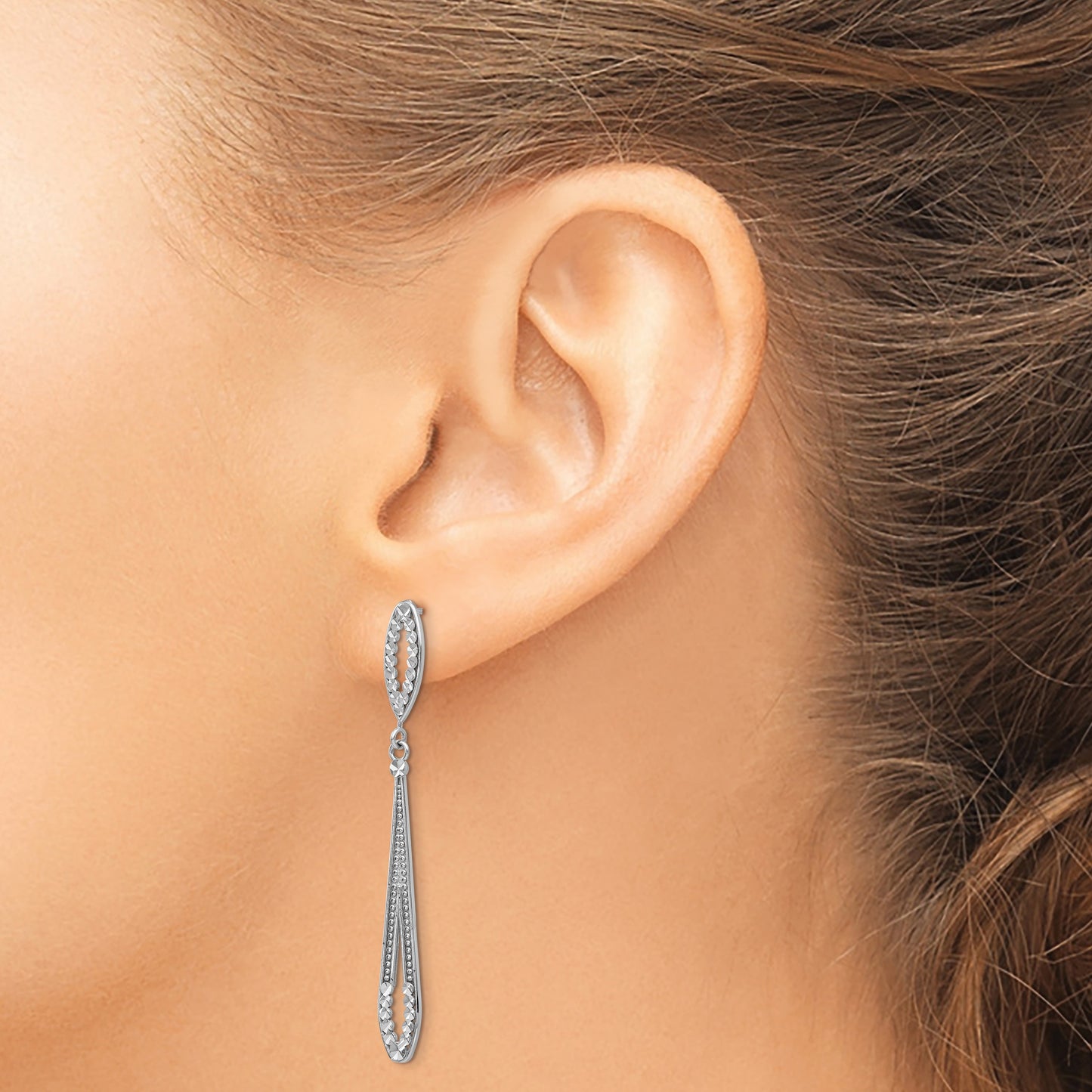 14k White Gold Diamond-cut Open Teardrop Dangle Post Earrings