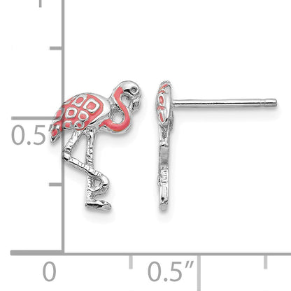 14K White Gold Pink Enameled Flamingo Post Earrings