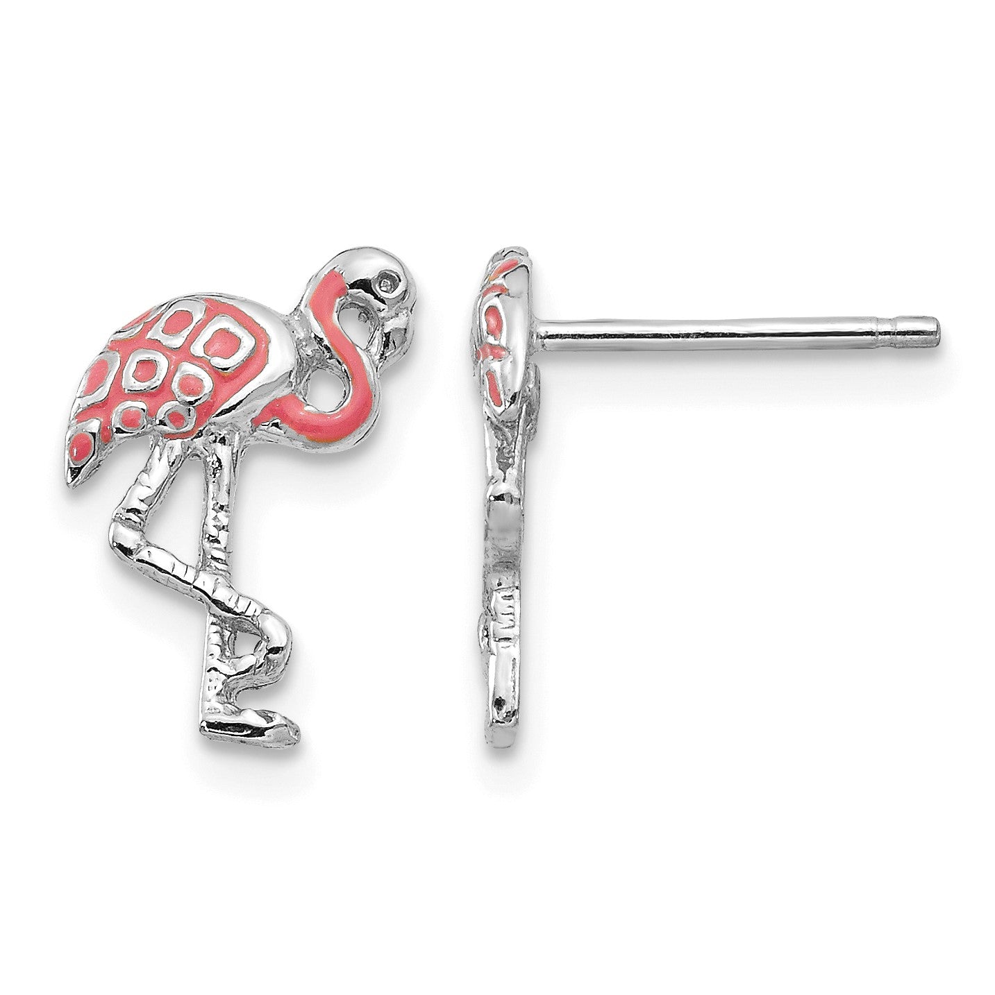 14K White Gold Pink Enameled Flamingo Post Earrings