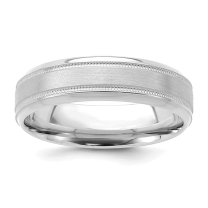 14k White Gold 6mm Standard Weight Comfort Fit Brushed Satin/Polished Milgrain Grooved Edge Wedding Band Size 13