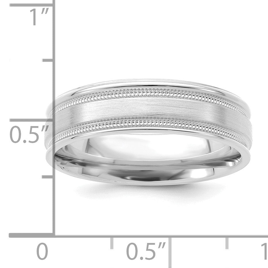 14k White Gold 6mm Heavyweight Comfort Fit Brushed Satin/Polished Milgrain Grooved Edge Wedding Band Size 8