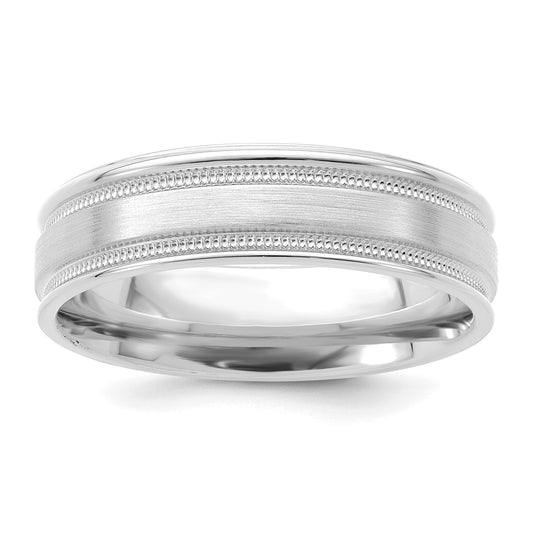 14k White Gold 6mm Heavyweight Comfort Fit Brushed Satin/Polished Milgrain Grooved Edge Wedding Band Size 8