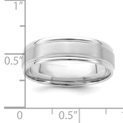 14k White Gold 6mm Standard Weight Comfort Fit Brushed Satin/Polished Grooved Edge Wedding Band Size 10
