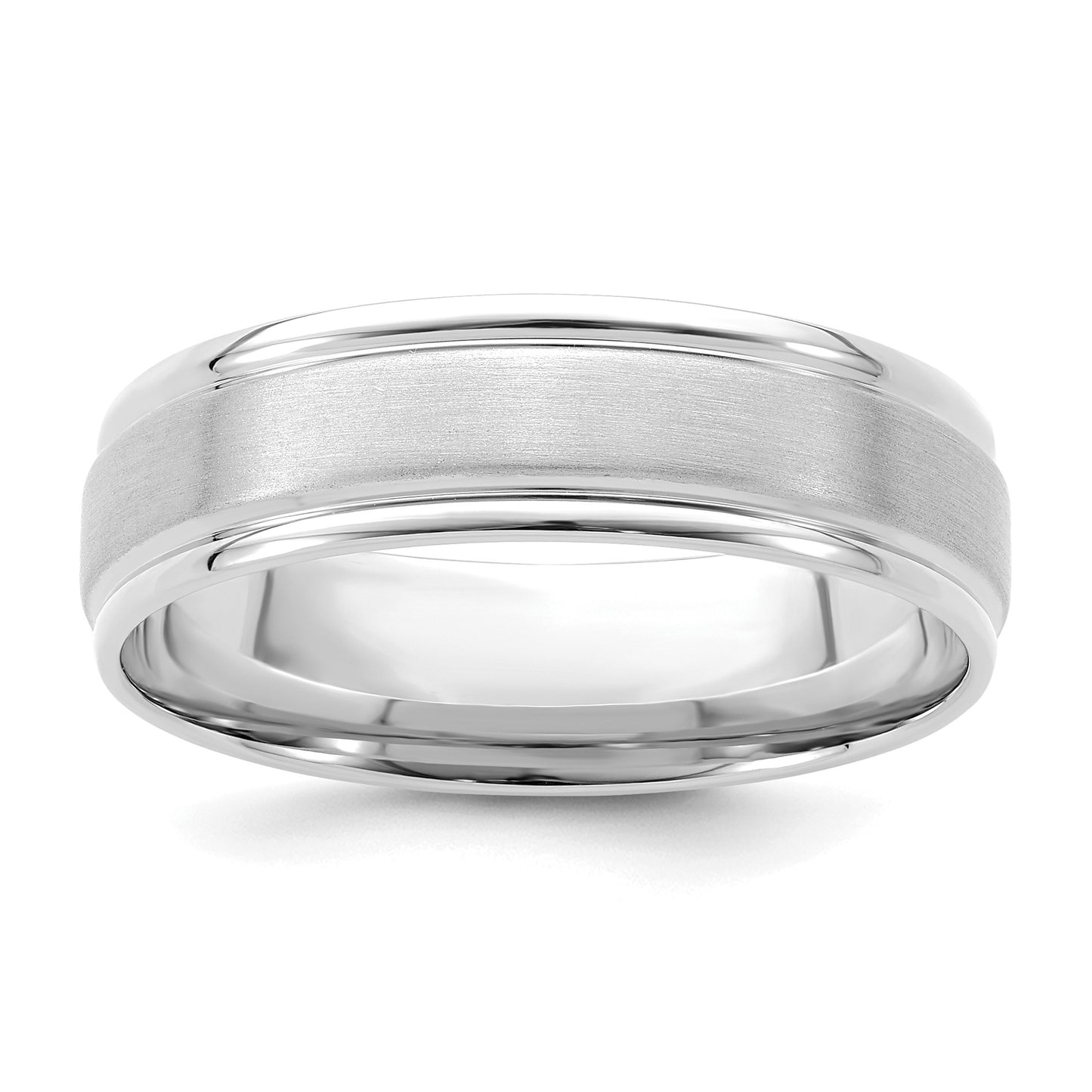 14k White Gold 6mm Standard Weight Comfort Fit Brushed Satin/Polished Grooved Edge Wedding Band Size 9