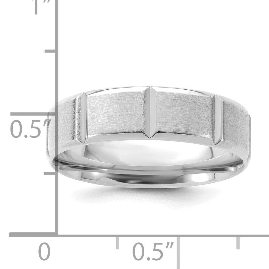14k White Gold 6mm Standard Weight Comfort Fit Brushed/Polished Beveled Edge with Vertical Lines Wedding Band Size 9.5