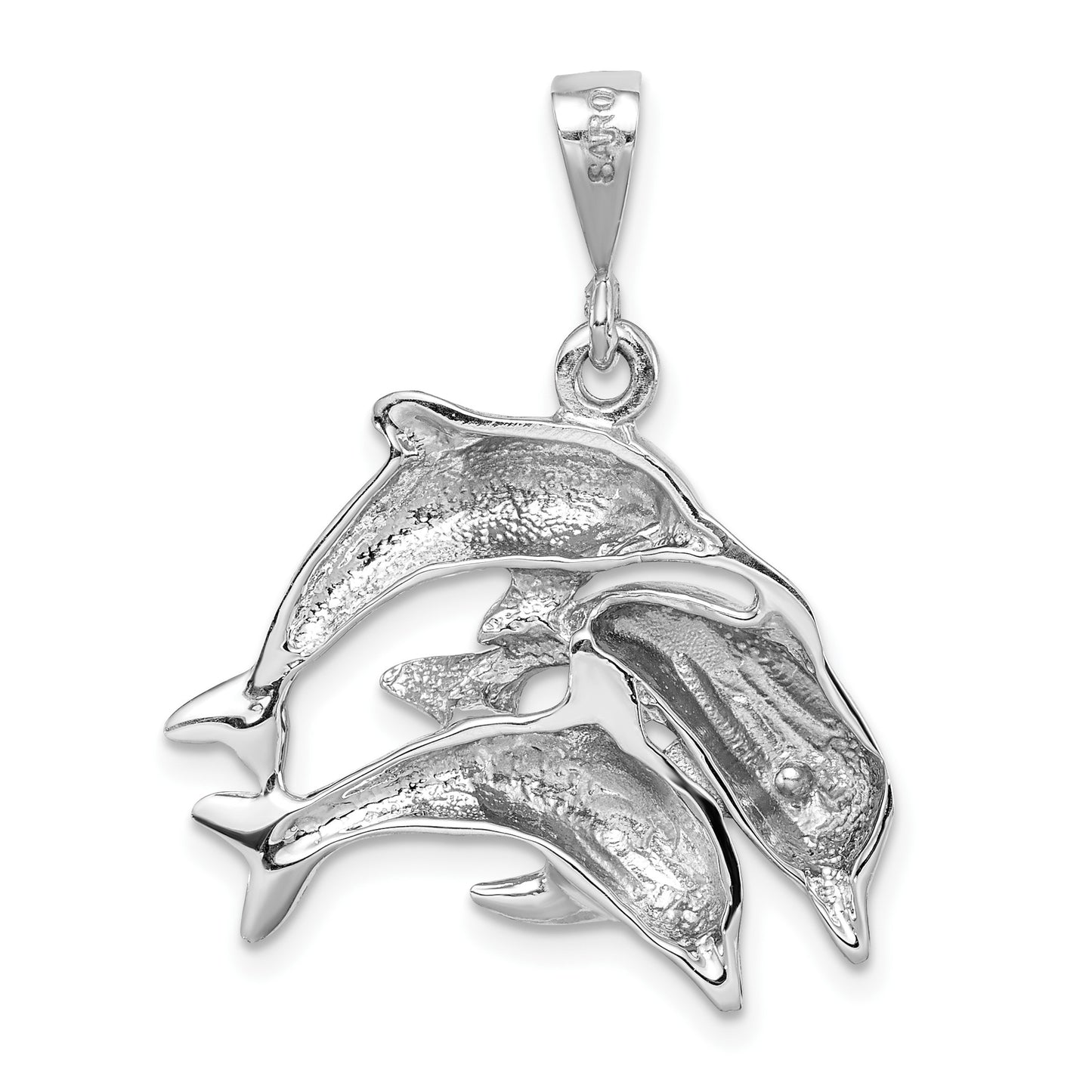 14k White Gold Polished Three Dolphin Charm