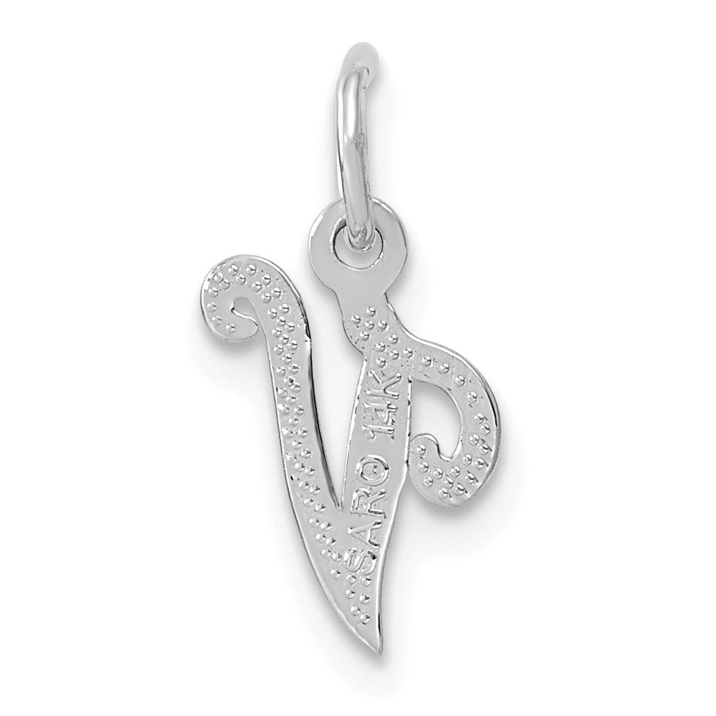 14KW White Gold Casted Script Letter V Initial Charm