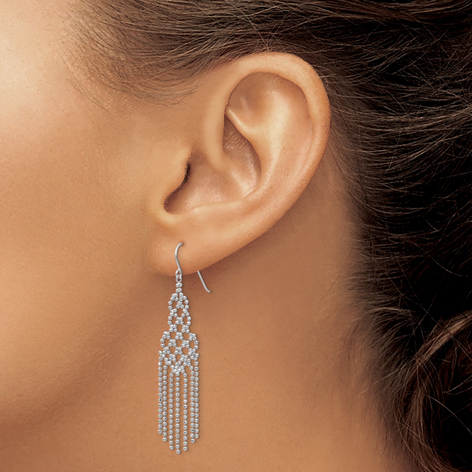 14K White Gold Fringe Beaded Chain Dangle French Hook Earrings
