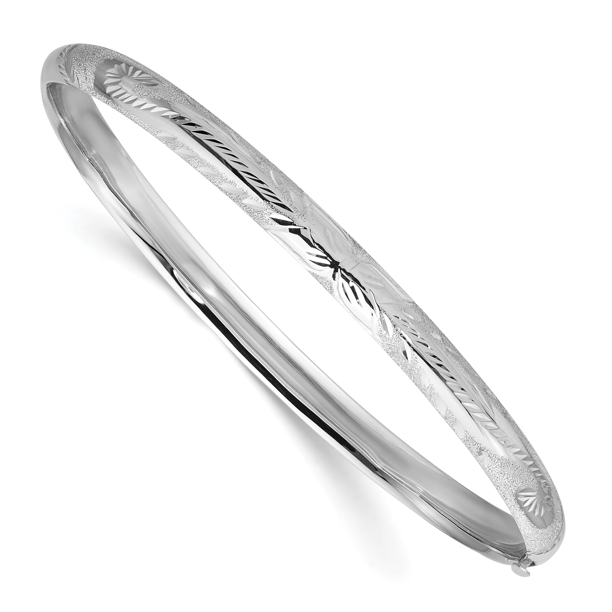 14k 3/16 White Gold Florentine Engraved 5.00mm Hinged Round Bangle Bracelet