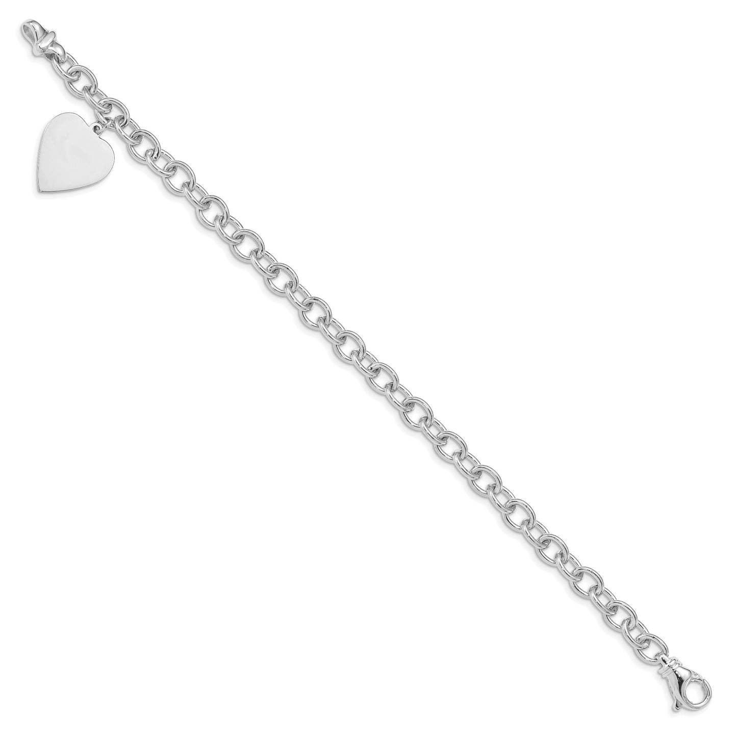 14k White Gold Engravable 23x17mm Solid Dangle Heart Charm and Solid Polished Link 7.5 inch Bracelet