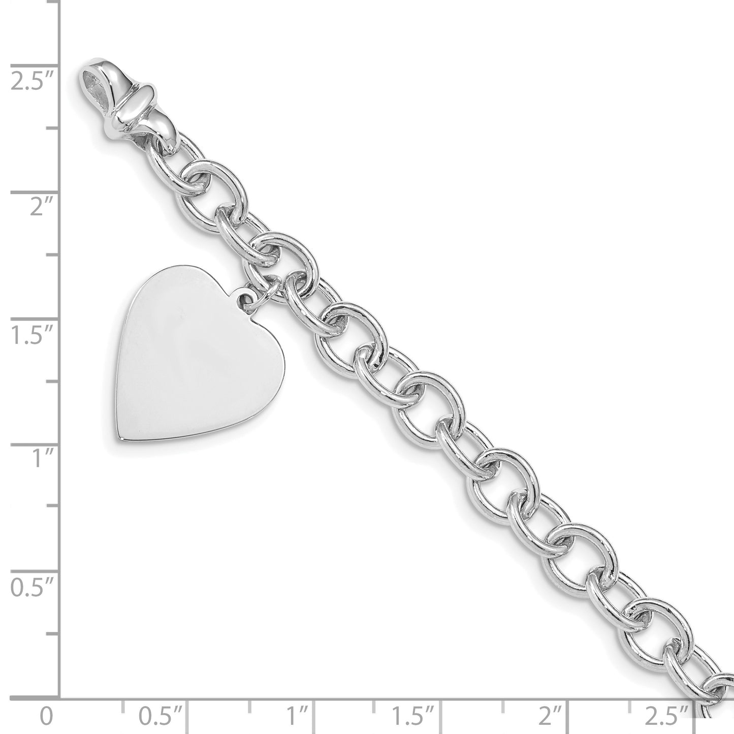 14k White Gold Engravable 23x17mm Solid Dangle Heart Charm and Solid Polished Link 7.5 inch Bracelet