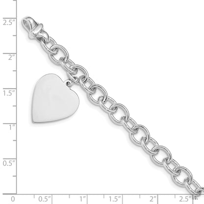 14k White Gold Engravable 23x17mm Solid Dangle Heart Charm and Solid Polished Link 8.5 inch Bracelet