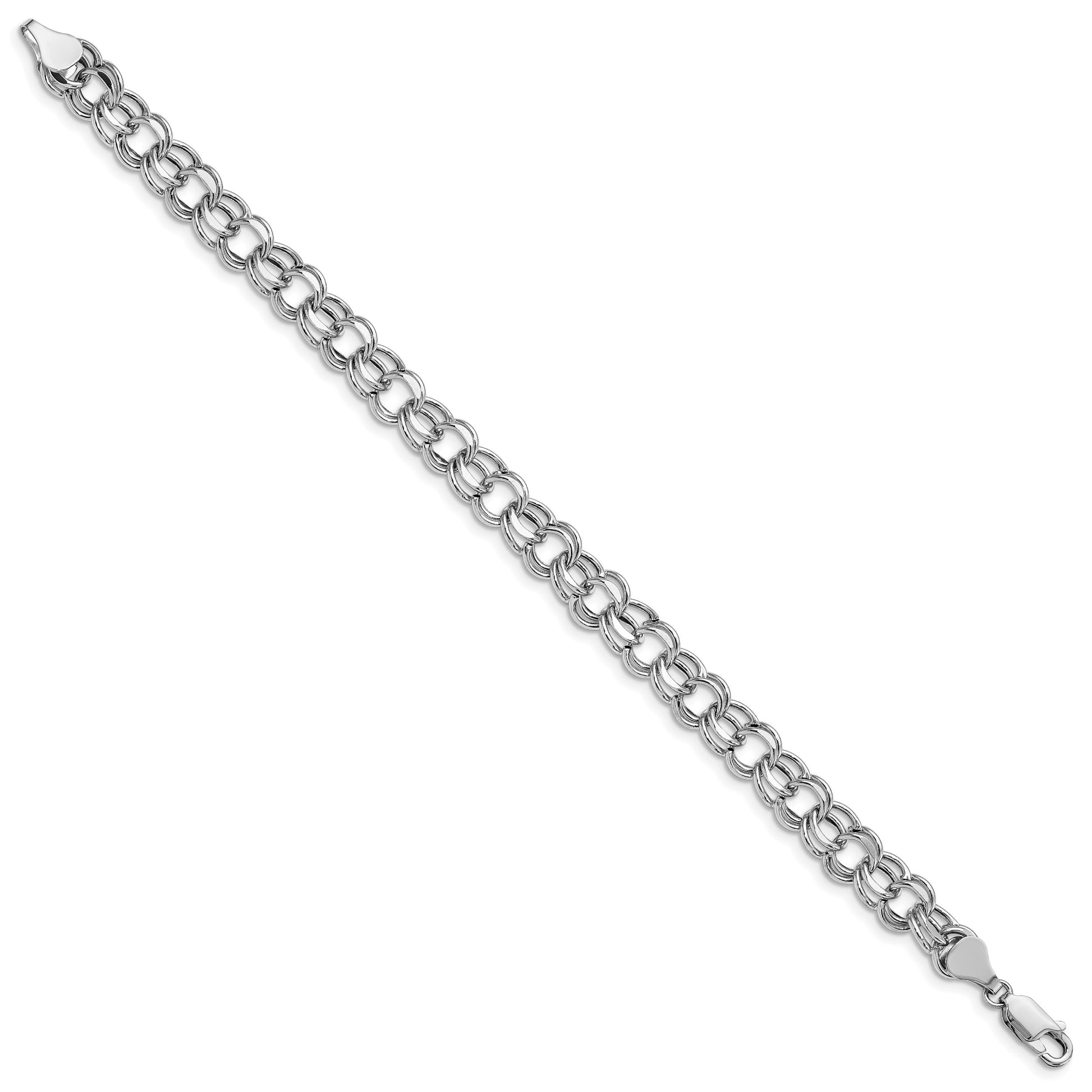 14k White Gold 9mm Hollow Double Link 7.25 inch Charm Bracelet
