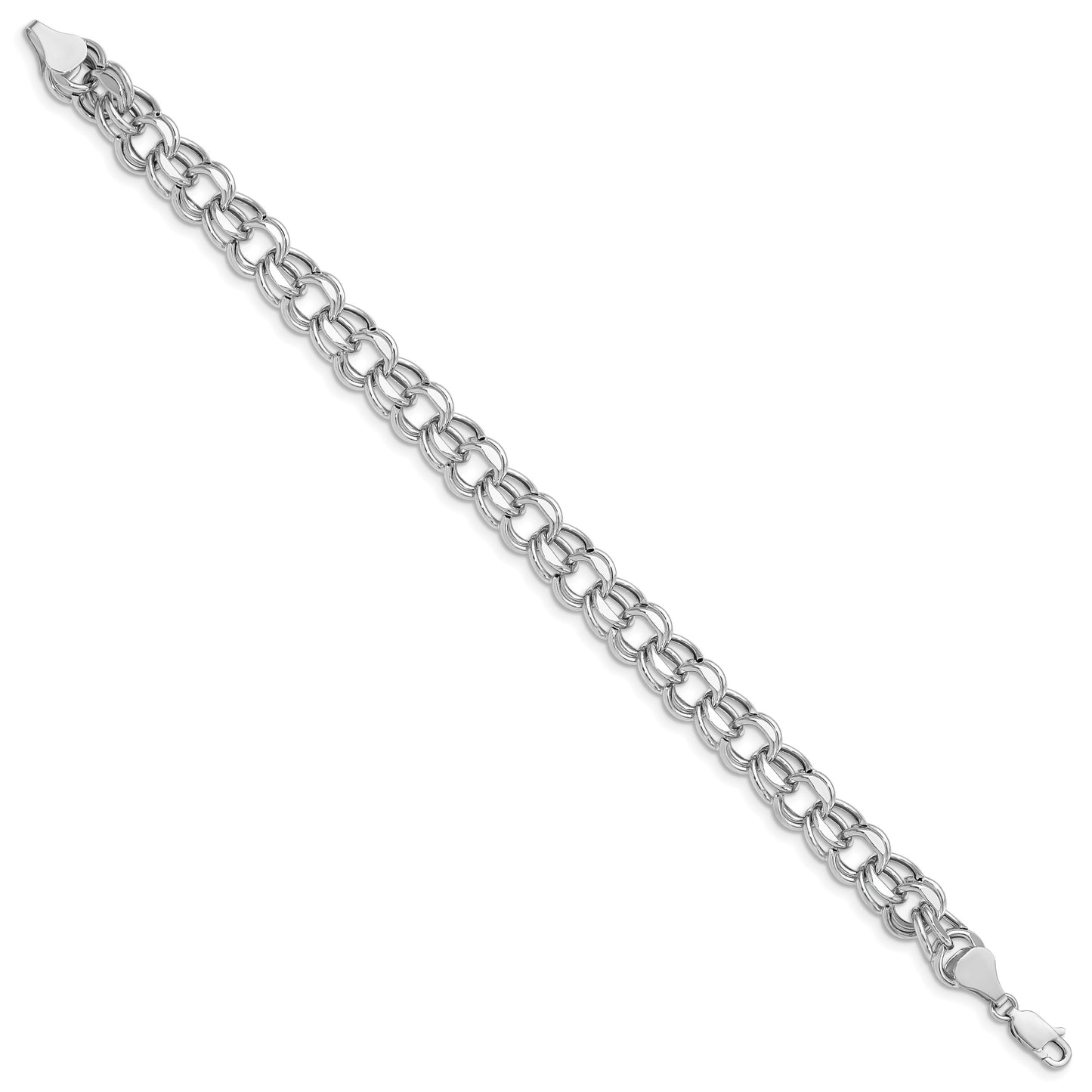 14k White Gold 9.5mm Hollow Double Link 8.25 inch Charm Bracelet